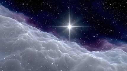 A brilliant star with a prominent lens flare shines brightly in the vast expanse of space. It is surrounded by swirling, luminous nebula clouds in shades of whi