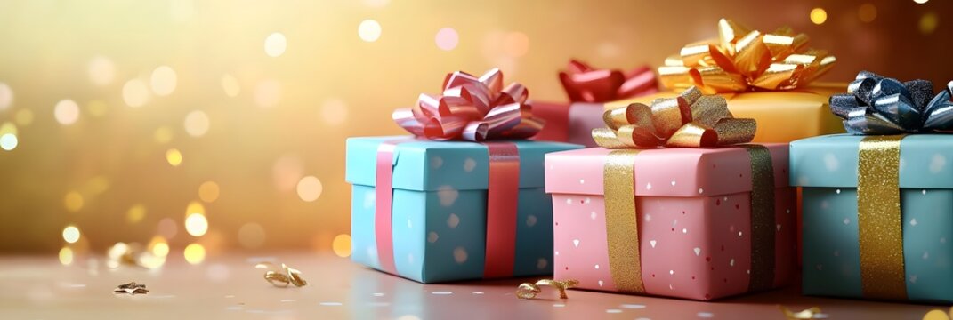 Brightly wrapped gift boxes in various colors are arranged on a table. Each box features a distinct bow, creating a cheerful scene filled with festive lights and decorations.