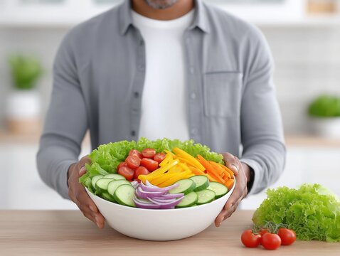 African American man holding a large bowl of fresh salad with vibrant vegetables including lettuce, tomatoes, cucumbers, and peppers, showcasing healthy eating and culinary creativity