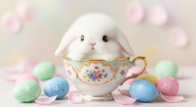 Easter rabbit or bunny sitting inside a coffee cup, pastel background, holiday greeting card