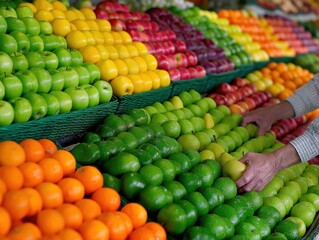 Vibrant display of assorted fruits including green apples, oranges, and red apples in a market, showcasing fresh produce and inviting atmosphere for healthy eating choices