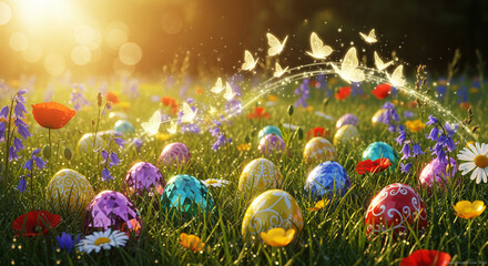 Enchanting spring meadow illuminated by golden sunlight, scattered with colorful Easter eggs and delicate butterflies hovering over fresh green grass
