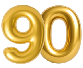 3D gold balloon number 90, shiny metallic design for birthday or anniversary celebration