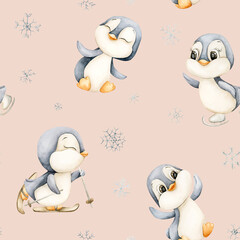 Cute Penguins Winter Fun Sports Seamless Pattern. Watercolor hand drawn illustration isolated on pink background ski