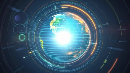 Animated globe Earth with blue digital map and glowing futuristic HUD interface representing technology motion. Blue Digital World Map with Futuristic HUD Interface globe earth animation - Powered by Adobe