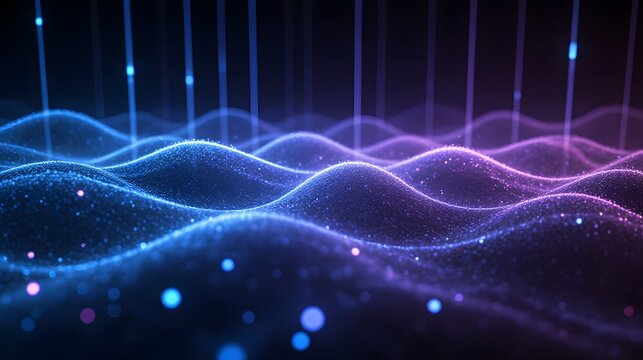 Stunning abstract landscape with vibrant blue and purple waves, perfect for modern tech, science, or futuristic backgrounds, creating a mesmerizing visual experience