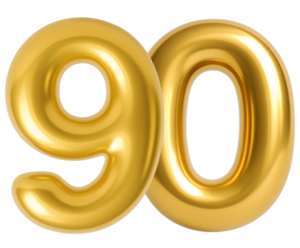 3D gold balloon number 90, shiny metallic design for birthday or anniversary celebration