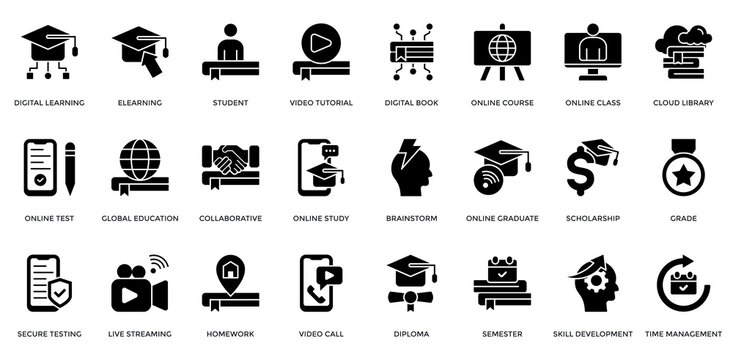 Digital Learning icon set. Containing e-learning, digital book, online test, global education, scholarship, grade, semester icons. Outline style