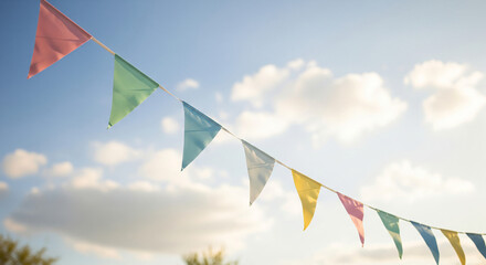 Festive pastel background with colorful bunting flags and string lights creating celebratory atmosphere for party invitations or holiday designs.