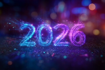  Holographic neon 2026 formed with glowing digital particle lines.
