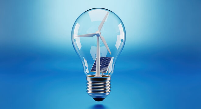 Green energy initiative features light bulb filled with miniature wind turbine and solar panel. Green energy sources represent sustainability,