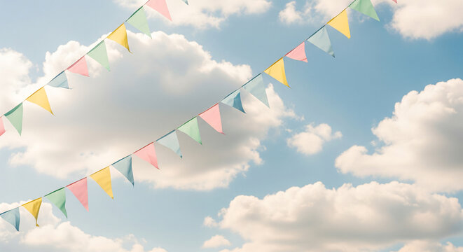 Festive pastel background with colorful bunting flags and string lights creating celebratory atmosphere for party invitations or holiday designs.