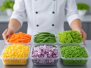 Chef in white uniform presenting a colorful array of fresh vegetables in clear containers, showcasing vibrant ingredients for healthy meal preparation and culinary creativity