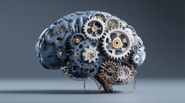 A stylized brain crafted with interconnected gears, suggesting mechanical workings of thought. Gray and gold tones