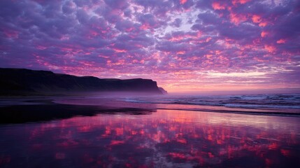 Vivid sunset reflecting on a tranquil beach.
