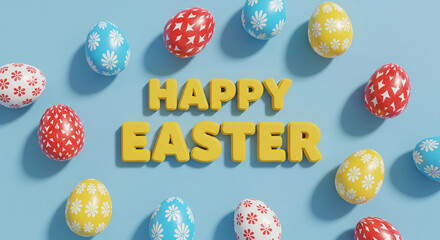Colorful pastel easter eggs arranged in circle on blue background with happy easter text