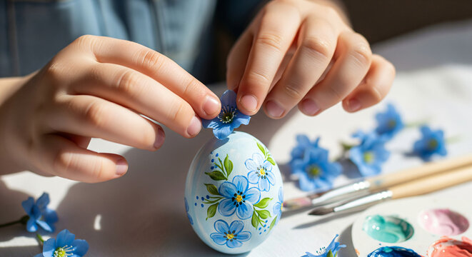 Close up of a child decorating an easter egg with colorful paint