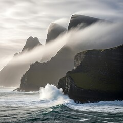 Dramatic Coastal Cliffs with Crashing Waves and Misty Clouds.