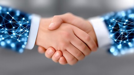 Close-up of two adult hands shaking, one hand is overlaid with a glowing blue digital network pattern, representing technology and connection.