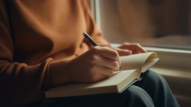 Close-up of a Person's Hands Writing in a Notebook with a Pen image photo