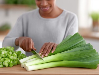 African American woman skillfully chopping fresh leeks on a wooden cutting board, surrounded by vibrant green vegetables, showcasing culinary expertise and healthy cooking lifestyle
