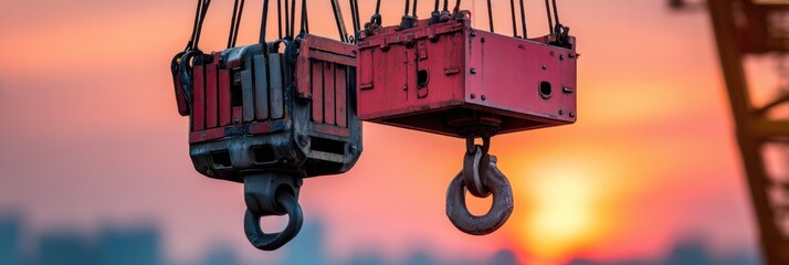 Construction Cranes Hoist Cargo Against a Vibrant Sunset Skyline in an Urban Landscape