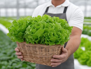 Freshly harvested green lettuce in a woven basket held by a male farmer in a greenhouse, surrounded by vibrant greenery, showcasing sustainable agriculture and healthy living