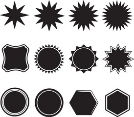 Geometric Badge and Starburst Silhouette Set Featuring Labels, Frames, Sunburst Shapes, and Decorative Emblem Designs in Black Vector Style
