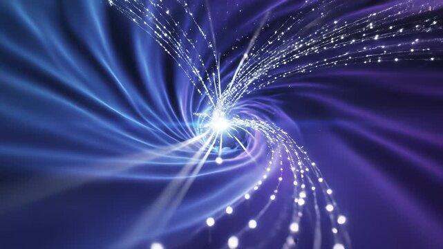Swirling digital art patterns featuring purple, blue colors with white dots capture the essence of technological innovation and creative exploration, perfect for representing cutting edge ideas.
