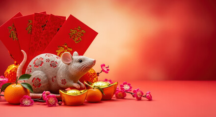 Festive Lunar New Year scene with rat figurine, gold ingots, and red envelopes. Celebrate Lunar New Year with traditional decorations signifying prosperity and good fortune.