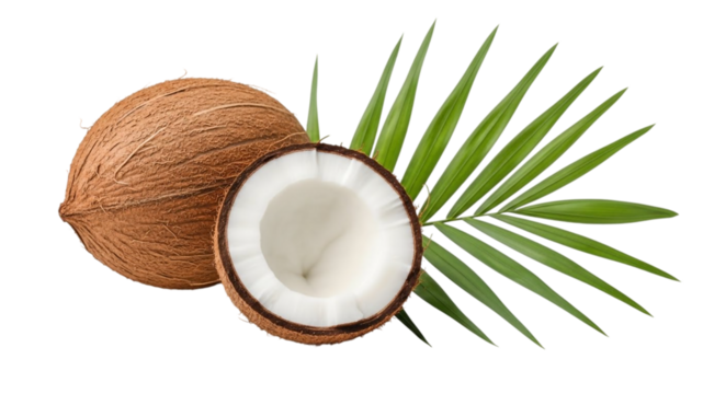 Fresh coconut fruit, isolated on a white background, shows the healthy, hard brown shell and inner white flesh
