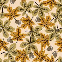 Autumn Leaves with Acorns Vector Seamless Pattern © Farissa