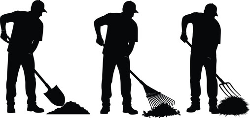 Yard work silhouette set, shovel, rake, pitchfork, gardening tools, landscaping posture, black on white, outdoor labor icon, garden activity
