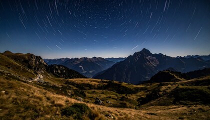 Starlit sky trails over a grassy mountain landscape, valleys receding into the distance, lit by moonlight