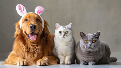 A golden retriever with bunny ears poses with two cats, one tabby and one grey