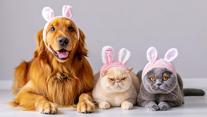 A golden retriever with bunny ears poses with two cats, one tabby and one grey