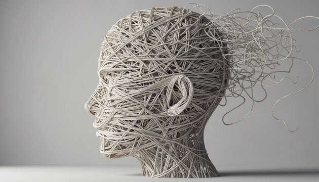 Head silhouette made of tangled threads, representing mental health issues and confusion.