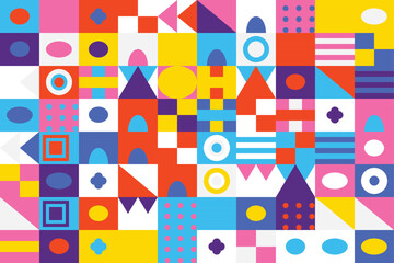 Vibrant and playful abstract design showcasing a mosaic of colorful geometric shapes and patterns