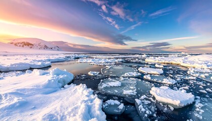 Arctic landscape with ice floes floating on water under a pastel sunset sky with snowy mountains in the background