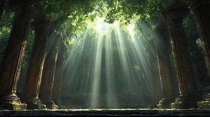 Sunbeams pierce through dense jungle foliage, illuminating ancient stone columns and overgrown steps. The scene evokes a sense of mystery and discovery.