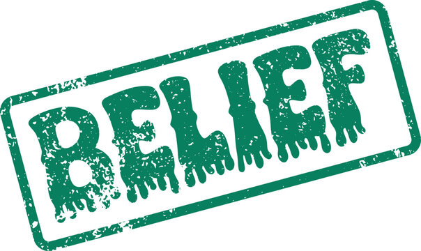 A Distressed Green Rubber Stamp Displaying the Powerful Word Belief on a Bright Clean Surface