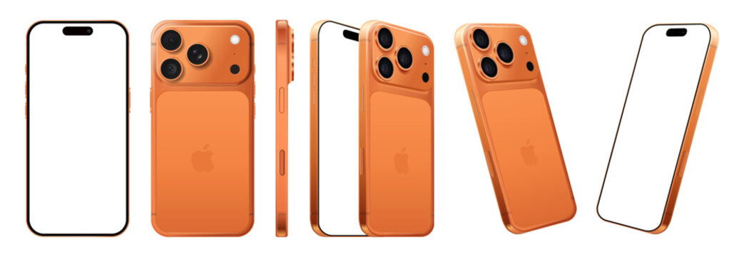 Set of Smart phone Apple iPhone 17 Pro Max in different sides, in official Cosmic Orange