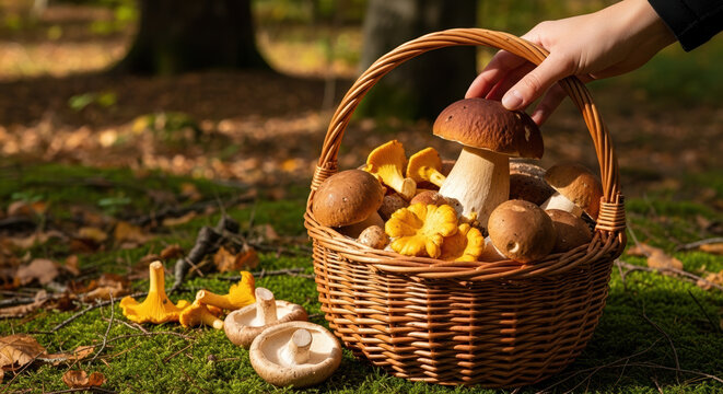 Mushroom picking with a basket of wild mushrooms in autumn forest. Mushroom picking captures the essence of foraging and nature's bounty, featuring fresh mushrooms.