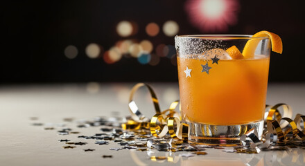 New Year's Eve cocktail on bright festive background, ready for celebration. New Year's Eve drink consists of fresh orange juice, ice cubes, decorated with star-shaped confetti and golden ribbon,