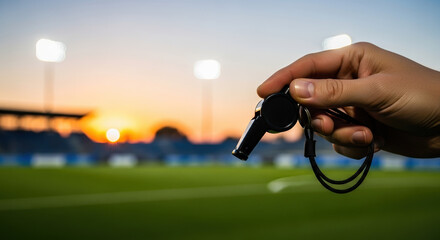 NWSL Playoff Race featuring a referee's whistle held up at stadium during game. NWSL Playoff Race signifies high stakes as teams compete to secure spots in the playoffs,