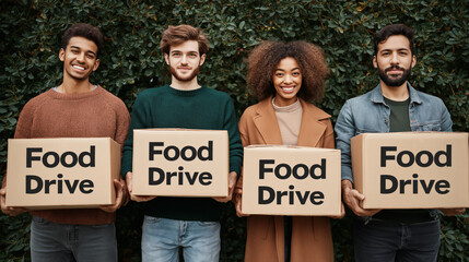 Diverse Group of Volunteers Holding Food Drive Donation Boxes Outdoors