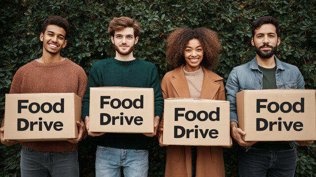 Diverse Group of Volunteers Holding Food Drive Donation Boxes Outdoors - Powered by Adobe
