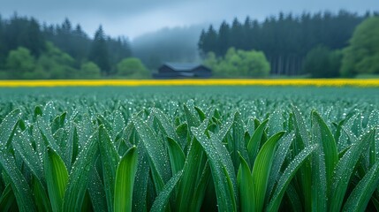 Misty morning in a green field with droplets and distant barn surrounded by trees