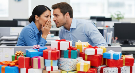 Secret Santa gift exchange between colleagues in office, with man and woman whispering near pile of wrapped presents. Secret Santa celebration involves giving gifts anonymously.