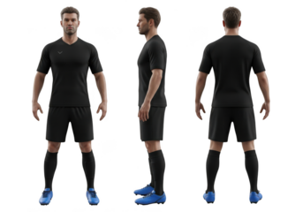 Man in black soccer uniform, front, side, back views, athletic wear isolated on transparent background